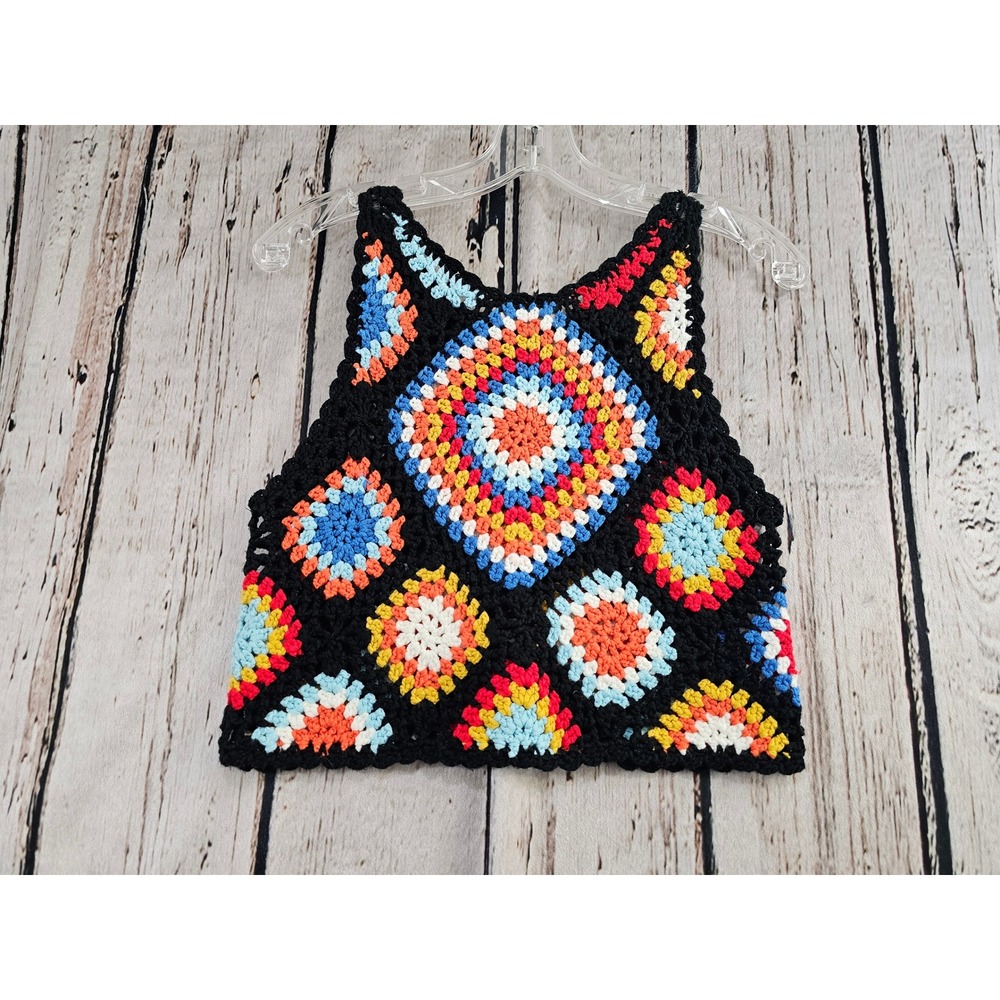 Women XS Crop Granny Square Crochet Tank Top Multi Color Festival Boho‎ hippie - Picture 2 of 5